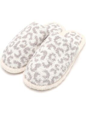 Women Leopard Grey Fluffy Slip-on Indoor Outdoor Non-Slip Open Toe Slipper Shoes